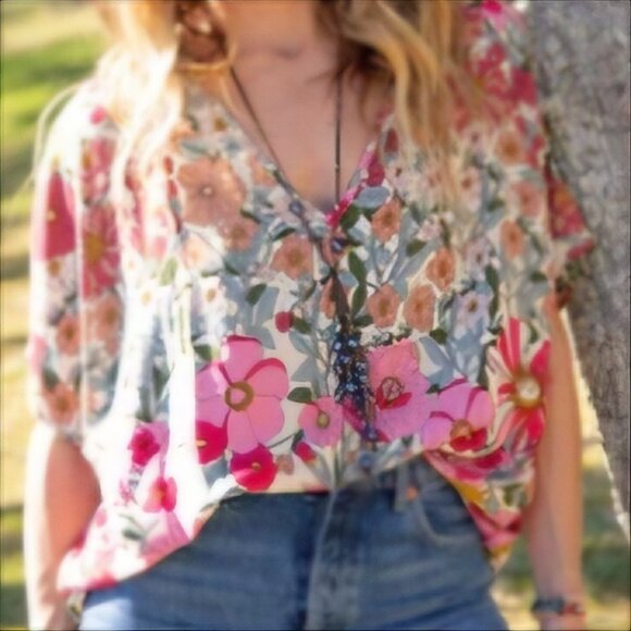 Natural Life Tops - NATURAL LIFE Floral V-Neck Blouse - Multicolor